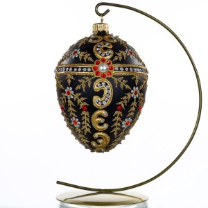 Jajo w stylu Faberge, Złoto na czarnym macie, ozdoby szklane ręcznie malowane 12 cm