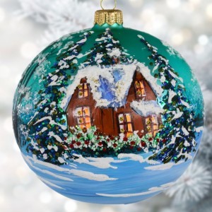 Pejzaż 12 cm Drewniany domek bombka szklana ręcznie malowana