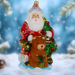 Mikołaj z niedźwiadkiem I bombka szklana ręcznie malowana 17 cm