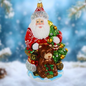 Mikołaj z niedźwiadkiem II bombka szklana ręcznie malowana 17 cm