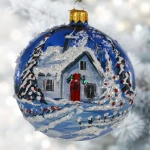 Pejzaż domek z czerwonymi drzwiami, bombka szklana ręcznie malowana 10 cm