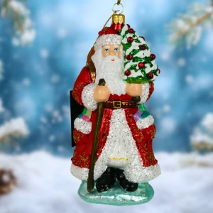 Mikołaj z koszem, bombka szklana ręcznie malowana 17 cm