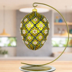 Perłowy kwiat na oliwce II, Jajo w stylu Faberge , ręcznie dekorowane, ozdoby szklane ręcznie malowane 12 cm