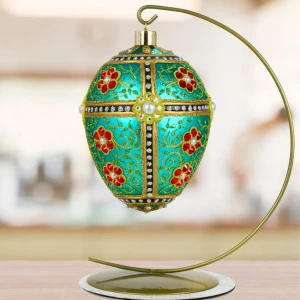 Jajo w stylu Faberge Turkus w czerwone kwiaty, ręcznie dekorowane, ozdoby szklane ręcznie malowane 12 cm