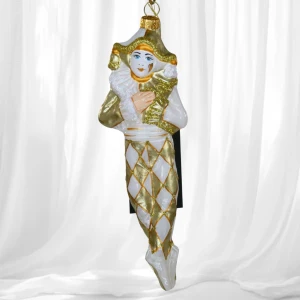 Arlekin Gold & White bombka choinkowa szklana ręcznie malowana 16 cm