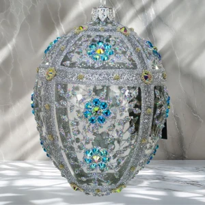 Niezapominajka Jajo w stylu Faberge , ręcznie dekorowane, ozdoby szklane ręcznie malowane 12 cm