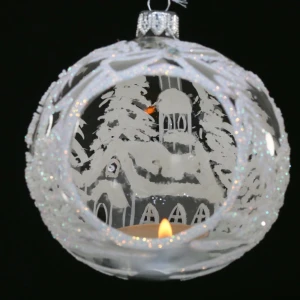 Lampion szklany całoroczny 10 cm Biały Kościółek z Kokardką
